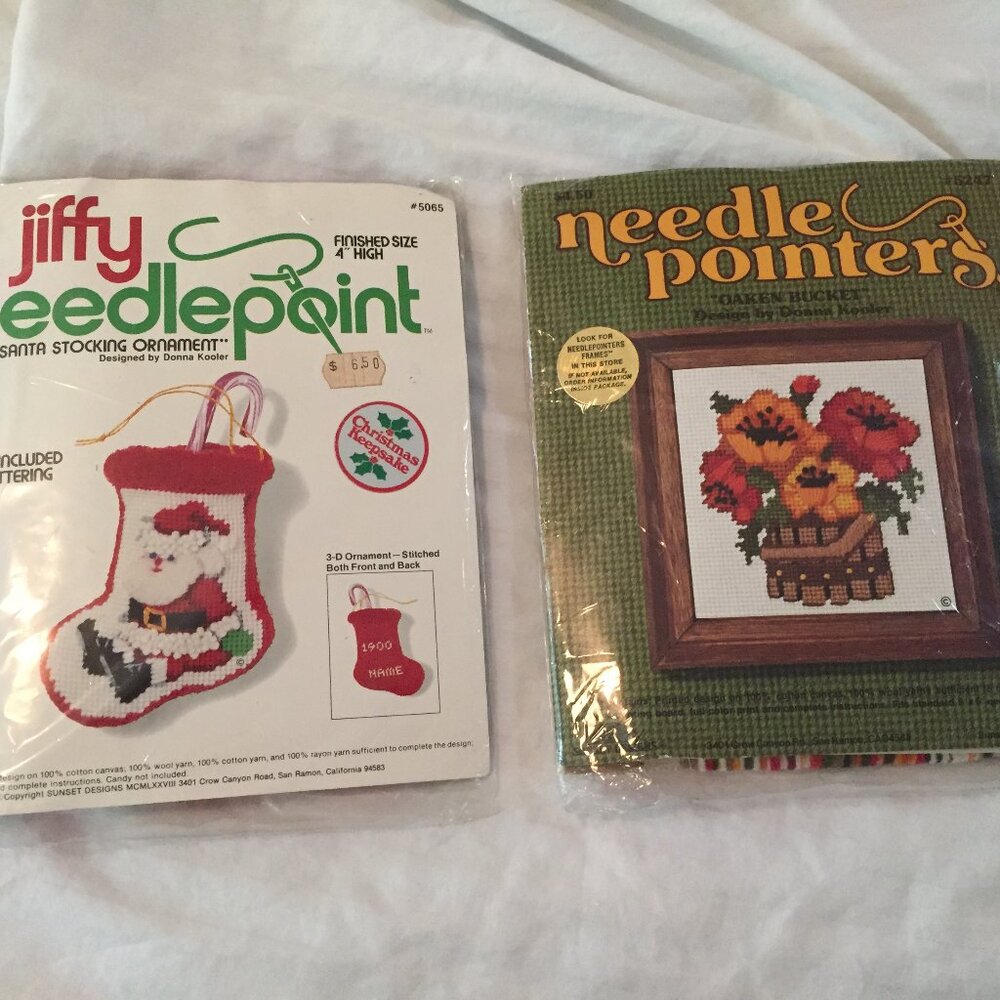 2 Small Sunset & Jiffy Needlepoint Kits  Floral Basket & 3D Christmas Ornament